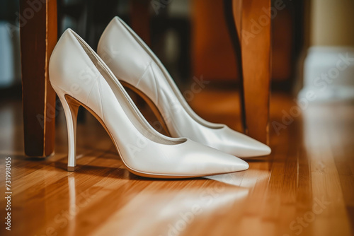 Classic Wedding Heels: Close-up of Ivory Bridal Shoes on Wood