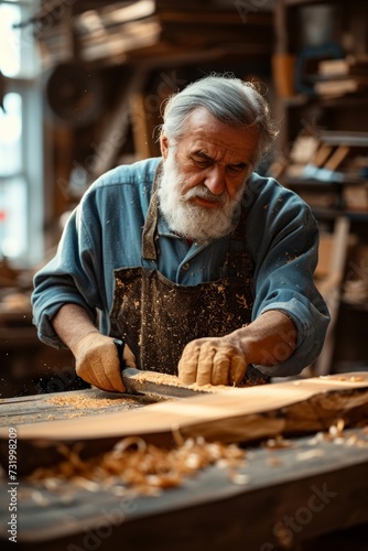Skilled elderly artisan woodworker creating in a sunlit workshop, surrounded by tools and wood pieces.