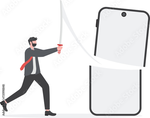 Social media addiction concept. businessman cuts a smartphone with a sword.
