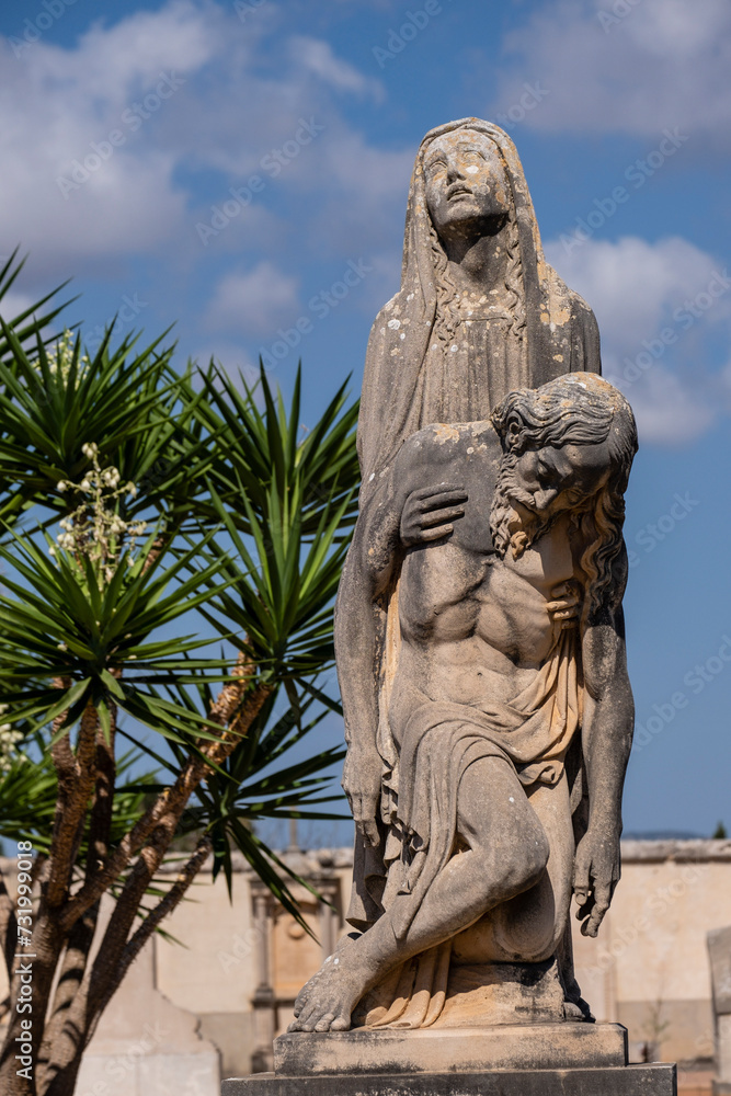 Pietà, Virgin Mary, mother holding the dead body of Jesus Christ, Campos cemetery, Mallorca, Balearic Islands, Spain
