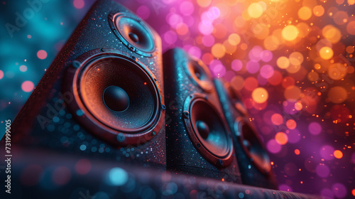 speaker on a blue background, Disco party vibe Colorful speakers in the background creating excitement, Electrifying Night A Black, Pink, Blue, and Yellow Music Party Speakers, Ai generated image photo