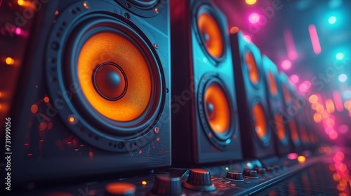 audio speaker and speakers, Disco party vibe Colorful speakers in the background creating excitement, Electrifying Night A Black, Pink, Blue, and Yellow Music Party Speakers, Ai generated image