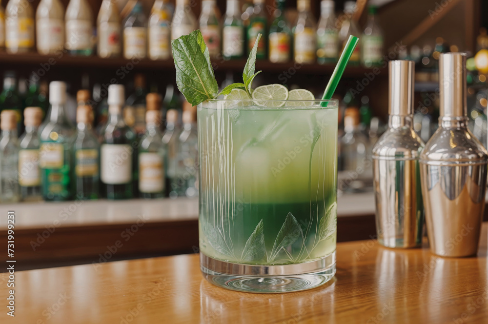 A two-toned cocktail in a glass, garnished with lime and a golden shaker, set against a backdrop of illuminated alcohol bottles. A two-toned cocktail in a glass, garnished with lime and a golden shaker, set against a backdrop of illuminated alcohol bottles.