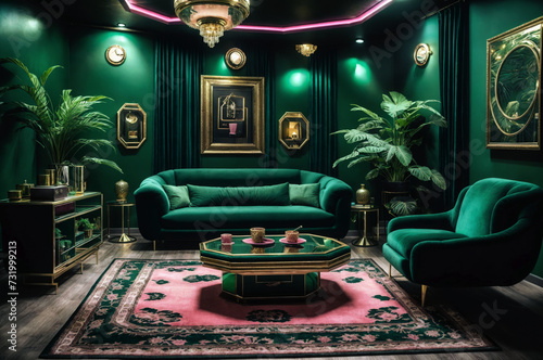 An image of a luxurious living room dominated by emerald green and gold hues. A lush green environment punctuated by golden ornaments and lavish greenery, exuding an air of timeless sophistication.