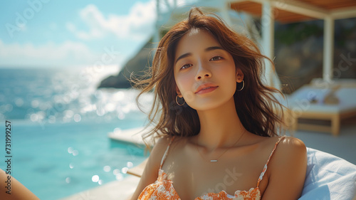 young gorgeous beautiful asian woman, wearning a summer dress, relaxing on a beach chair next to a pool in a luxurious resort,generative ai