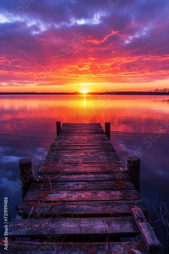 Wooden jetty extends into a calm lake reflecting a vibrant sunset with clouds painted across the sky.