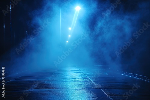 Blue dark background of empty foggy street with wet asphalt, illuminated by a searchlight, laser beams, smoke