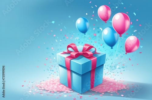 gift box with pink ribbon and balloons on a blue background, postcard