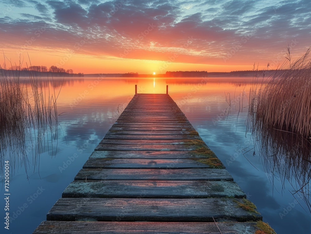 The warm glow of dawn bathes a lakeside jetty, with serene waters and reeds framing the rising sun. - obrazy, fototapety, plakaty 