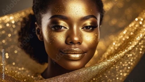 Portrait closeup Beauty african woman face in gold paint. Golden shiny skin. Fashion model girl posing. 