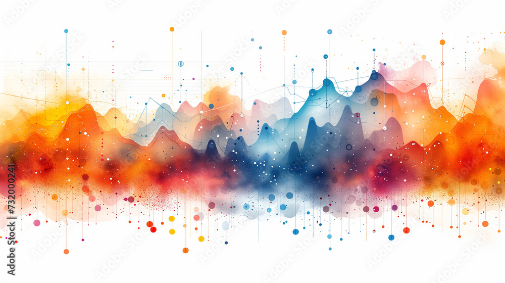 abstract colorful background with splashes,  graphs and charts in the background and white background, Ai generated image