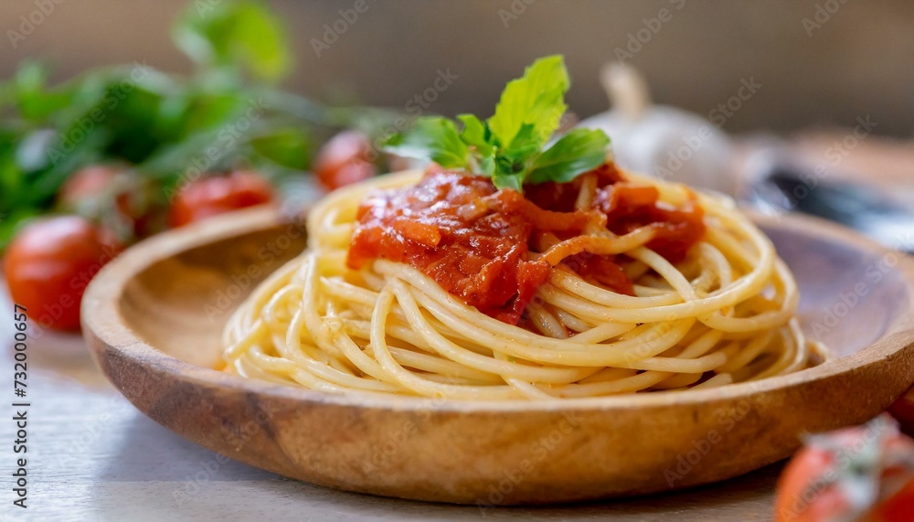 Macro shot of spaghetti in a wooden plate with tomato sauce
Macro shot of spaghetti in a wooden plate with tomato sauce