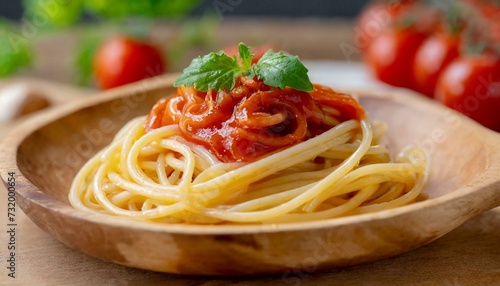 Macro shot of spaghetti in a wooden plate with tomato sauce