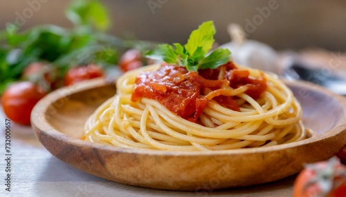 Macro shot of spaghetti in a wooden plate with tomato sauce 