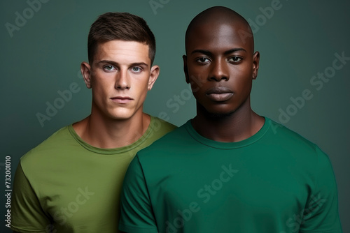 Group of men from different countries and cultures. Stylish handsome young guys on dark green background. Well-groomed male models of different ethnic group, races, multicultural friends
