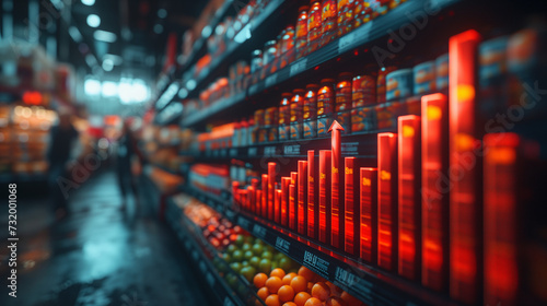 background with glowing lines, Red growing up large arrow on abstract blur image of supermarket background. Bar charts and graphs. Rising food prices. Inflation concept, Ai generated image © FH Multimedia