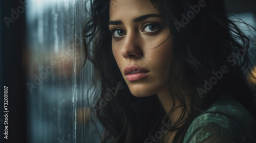 Young woman is looking through a rainy window. Concept of loneliness and depression.