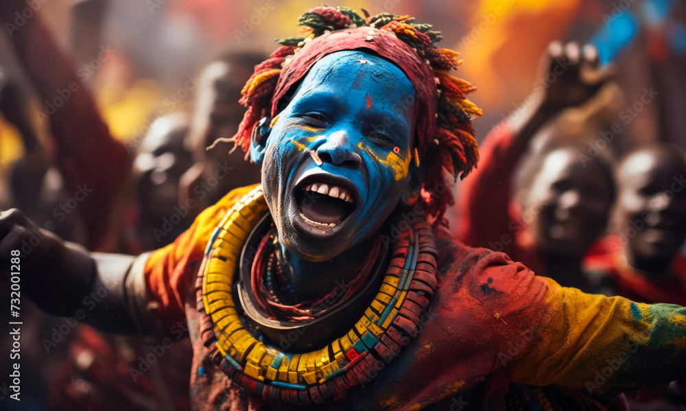 This visual narrative portrays a vibrant tribal festival in Africa. The photograph encapsulates the essence of the celebration--the colorful traditional attire, energetic dances, and communal spirit. 