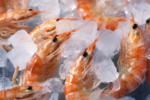 Boiled-frozen shrimp in pieces of ice close-up. Raw shrimp, crustaceans on the store counter. Healthy food, seafood delicacies