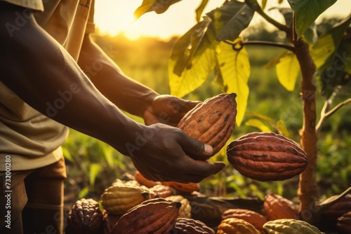 Hands of an African black male farmer pick cocoa pods from a tree, close-up. Cocoa harvest, chocolate tree plantation, production, business. Growing cocoa to make chocolate