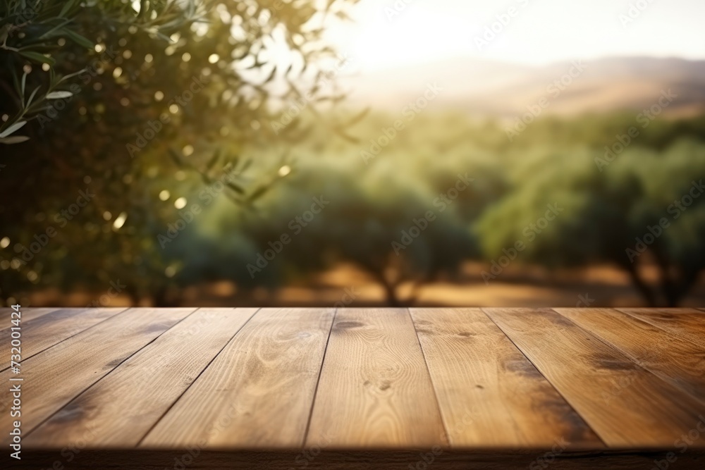 Obraz premium Empty wooden table on blurred natural background of olive garden. Mockup for your design, product advertising