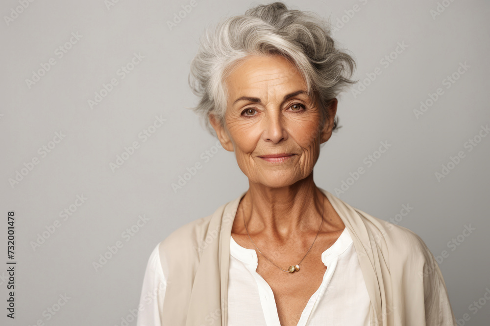 Portrait of chic beautiful gray-haired mature woman 50-60 years old in elegant clothes on gray background. An elderly woman smiles and looks at camera. Beautiful old age, cosmetology, face lifting Portrait of chic beautiful gray-haired mature woman 50-60 years old in elegant clothes on gray background. An elderly woman smiles and looks at camera. Beautiful old age, cosmetology, face lifting