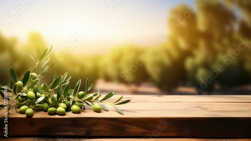 Branch of green olives with leaves on empty wooden table on blurred natural background of olive garden. Sunset sunlight. Mockup for your design, product advertising photo