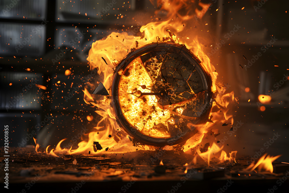 A haunting photograph of a clock with a shattered glass face, engulfed in flames, creating a visually impactful and symbolic image


