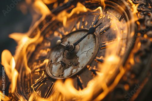 A close-up photograph of a vintage clock face melting into liquid fire, capturing the fragile and transient essence of time


 photo