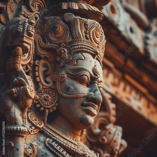 Photograph of the Head of an Ancient Temple Statue Depicting a Hindu Deity. A Captivating Image Capturing the Spiritual Essence 