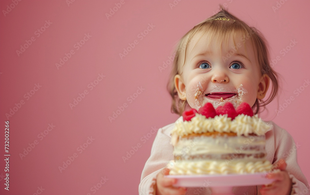 Baby girl with Birthday cake showing dessert on solid color background with copyspace for text Baby girl with Birthday cake showing dessert on solid color background with copyspace for text
