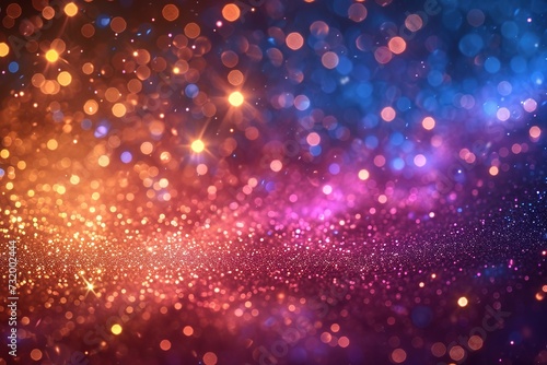 Glittering gradient background with hologram effect and magic lights. Holographic abstract fantasy backdrop with fairy sparkles, gold stars and festive blurs. © abstract Art