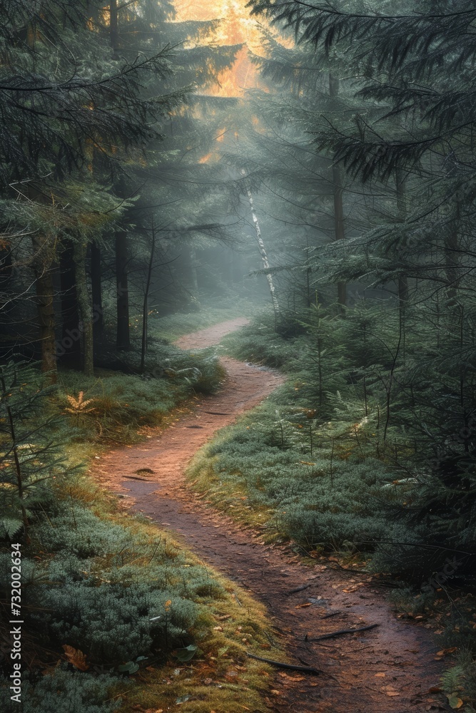 Obraz premium Sunlight filters through dense forest canopy onto a winding path, casting a warm glow over the serene landscape.