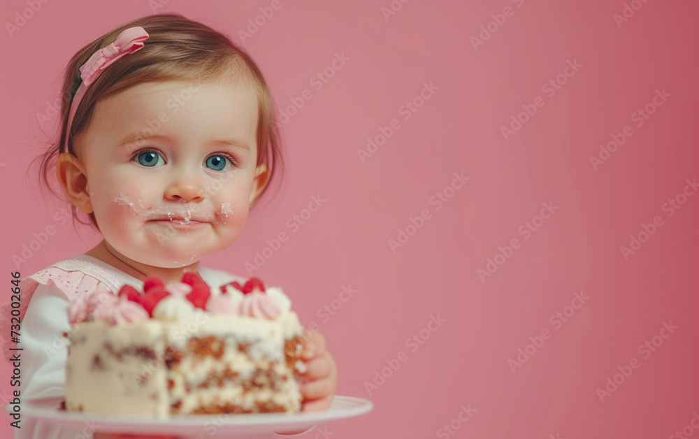 Baby girl with Birthday cake showing dessert on solid color background with copyspace for text Baby girl with Birthday cake showing dessert on solid color background with copyspace for text