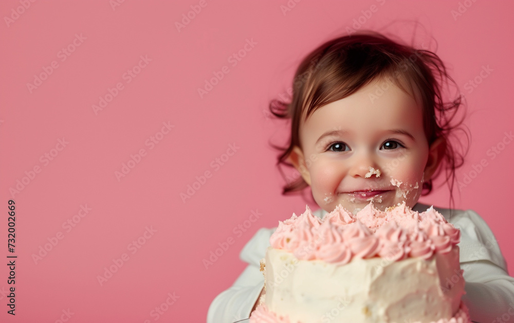 Baby girl with Birthday cake showing dessert on solid color background with copyspace for text Baby girl with Birthday cake showing dessert on solid color background with copyspace for text