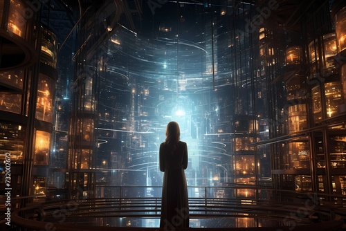 Unveiling the beauty of modernity, a woman stands in a high-tech environment, mesmerized by intricately connected databases, bathed in cinematic light.