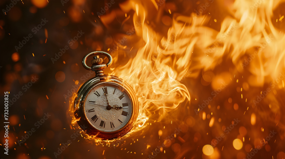 A dramatic photo of a vintage pocket watch engulfed in flames, symbolizing the intensity of passing time


