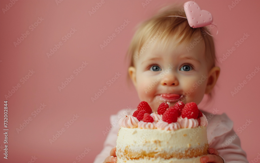 Baby girl with Birthday cake showing dessert on solid color background with copyspace for text Baby girl with Birthday cake showing dessert on solid color background with copyspace for text