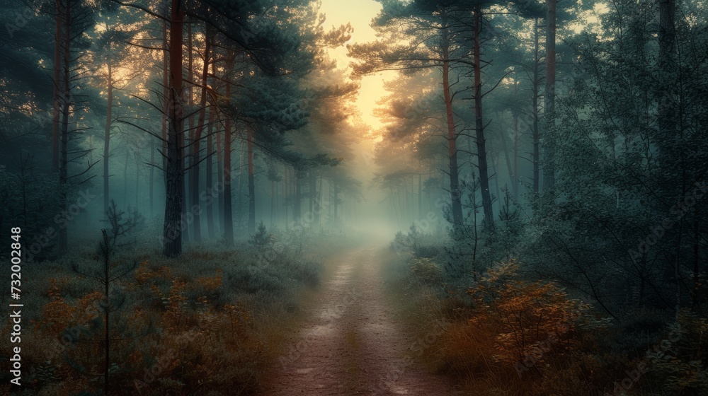 Morning sun rays pierce through the mist in a coniferous forest, creating a mystical ambiance on a tranquil path.