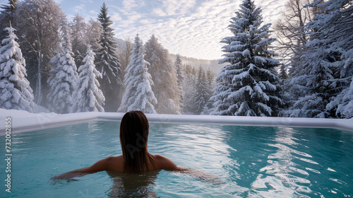 Girl in the pool relaxes and looks at the snowy forest