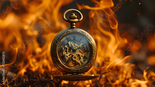 A dramatic photo of a vintage pocket watch engulfed in flames, symbolizing the intensity of passing time
