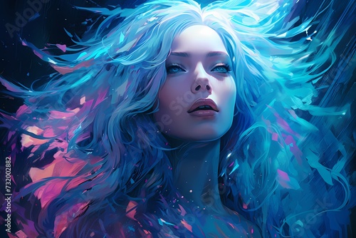 An ethereal being with holographic anaglyphic elements, sporting long and shiny azure locks in a futuristic composition with sharp, highly detailed features.
