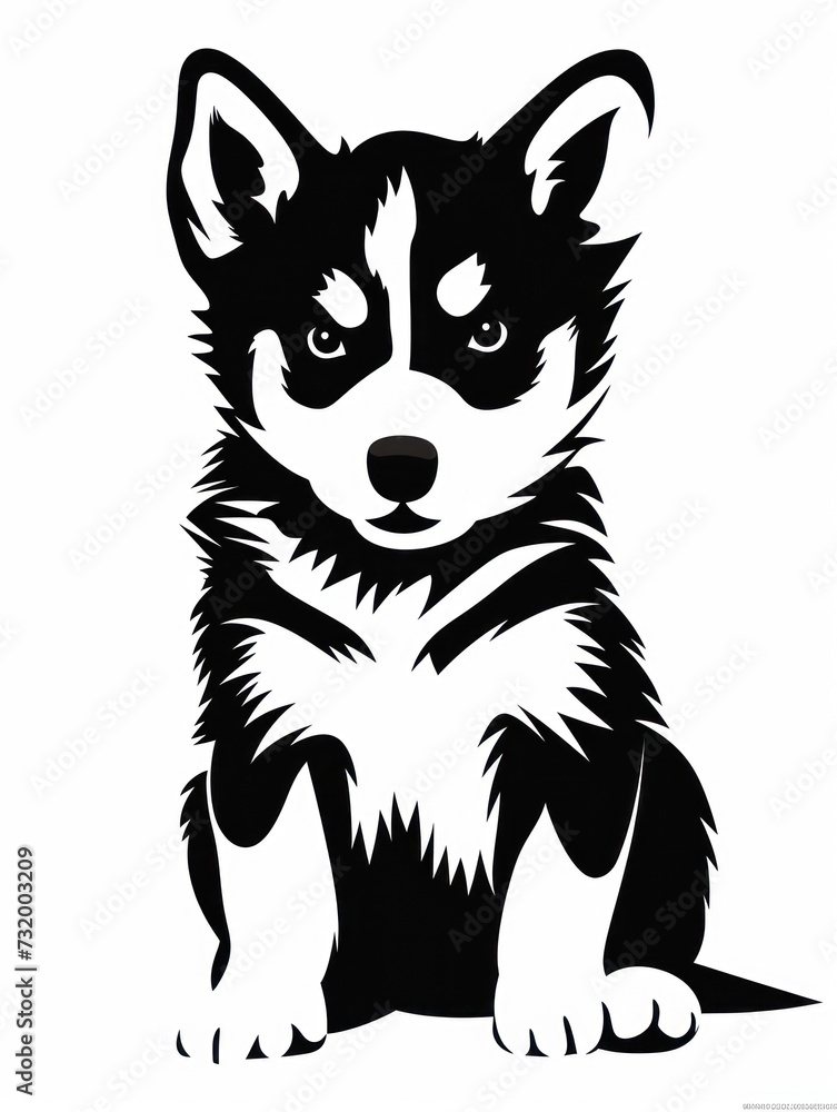 A black and white drawing of a husky puppy sitting down. A black and white drawing of a husky puppy sitting down.