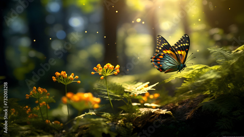 butterfly on flower,, A butterfly fluttering its wings amidst the trees  © Zafar