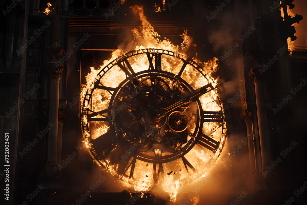 A dark and mysterious photograph of a clock engulfed in flames, highlighting the intricate details of the burning mechanism


