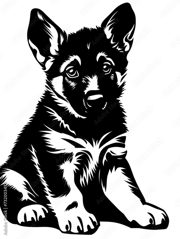 A small black and white German Shepherd puppy with large ears sits facing the viewer. A small black and white German Shepherd puppy with large ears sits facing the viewer.