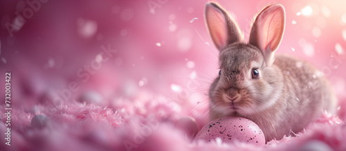 a cute bunny hugging an easter egg on a pink background