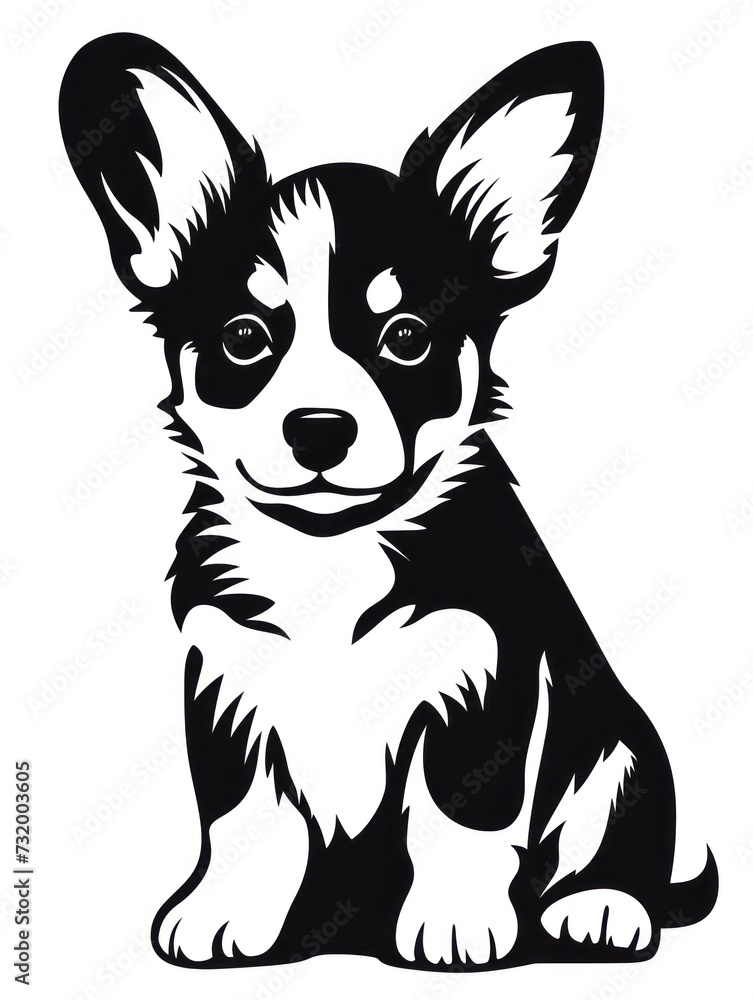 A black and white image of a corgi puppy sitting down.