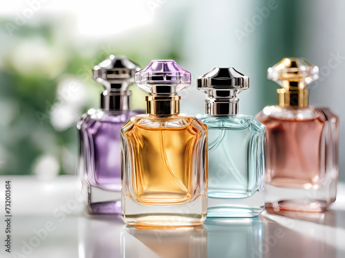 Four vibrant perfume bottles with diamond-shaped stoppers, elegantly displayed on a shiny white table, set against a blurred backdrop of lush greenery