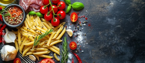Traditional Italian cuisine with penne pasta, meat, tomatoes, onions, herbs, and spices seen from above.